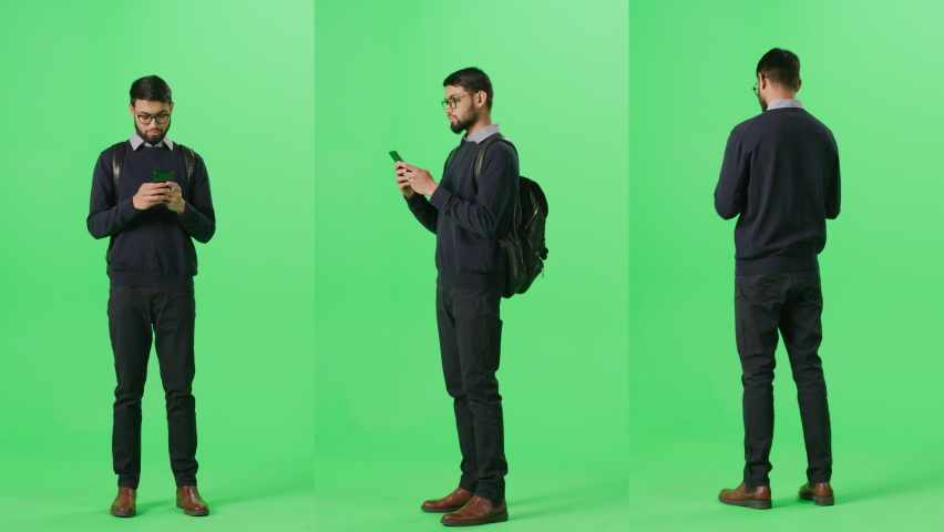 Three Split Green Screen Background: Handsome Asian Man Stands, Uses Smartphone. Guy Wearing Business Casual Attire, Glasses Uses Mobile Phone. Isolated Template Chroma Key. Front, Side, Back View Royalty-Free Stock Footage #1093221787