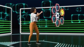 Virtual Reality Female Boxer Video Game. In Metaverse Fit Black Woman Fight Against Artificial Intelligence, Scoring Points, Virtual Training, Fitness, Exercise, Workout. 3D VFX Graphics, Animation