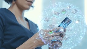 Virtual Connection Visualization Concept: Close-up of the Anonymous Businesswoman Using Smartphone. Infographics Show Productivity, Economics, e-Commerce, Finance, Statistics Graphs, Stock Market Data - Powered by Shutterstock - Get 15% off with code: PIKWIZARD15