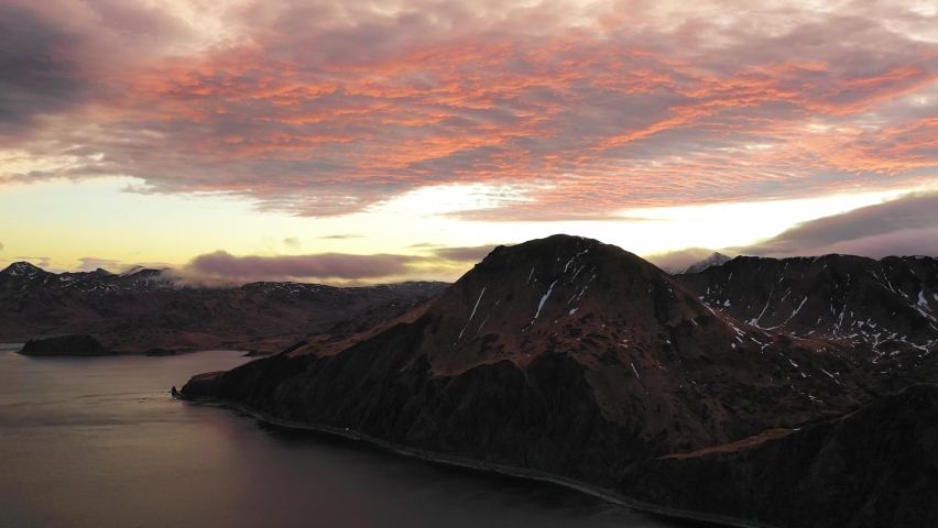Aerial view of Dutch Harbour at sunset on Unalaska Island, Alaska, United States.