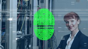 Animation of biometric fingerprint scanner over caucasian female engineer smiling in server room. Global networking and business technology concept - Powered by Shutterstock - Get 15% off with code: PIKWIZARD15