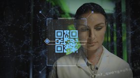 Animation of qr code scanner and network of connections over female engineer walking in server room. Global networking and business technology concept - Powered by Shutterstock - Get 15% off with code: PIKWIZARD15