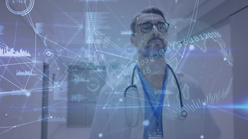 Animation of network of connections over caucasian male doctor walking in hospital corridor. Medical healthcare and technology concept | Shutterstock HD Video #1093235247