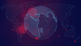 Animation of red particles over data processing over spinning globe and world map on blue background. Global networking and business technology concept - Powered by Shutterstock - Get 15% off with code: PIKWIZARD15
