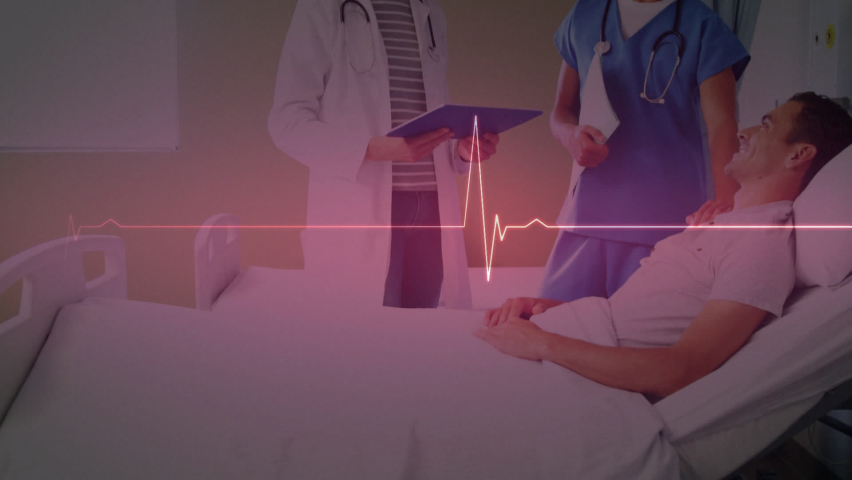 Animation of heart rate monitor over female doctor and male health worker talking to male patient. Medical healthcare and technology concept | Shutterstock HD Video #1093235459