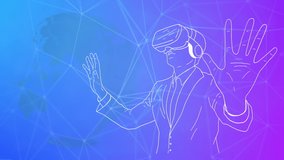 Glowing Neon Hand Drawn Style Man in Virtual Reality headset Abstract VR world Person wearing virtual reality glasses and surrounded with futuristic Circuit data and Globe Earth in Meta verse world - Powered by Shutterstock - Get 15% off with code: PIKWIZARD15