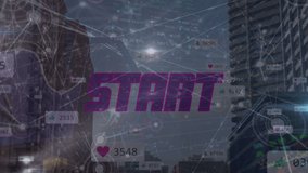Animation of start, social media icons and network of connections over cityscape. Global video game, connections, digital interface and data processing concept digitally generated video. - Powered by Shutterstock - Get 15% off with code: PIKWIZARD15