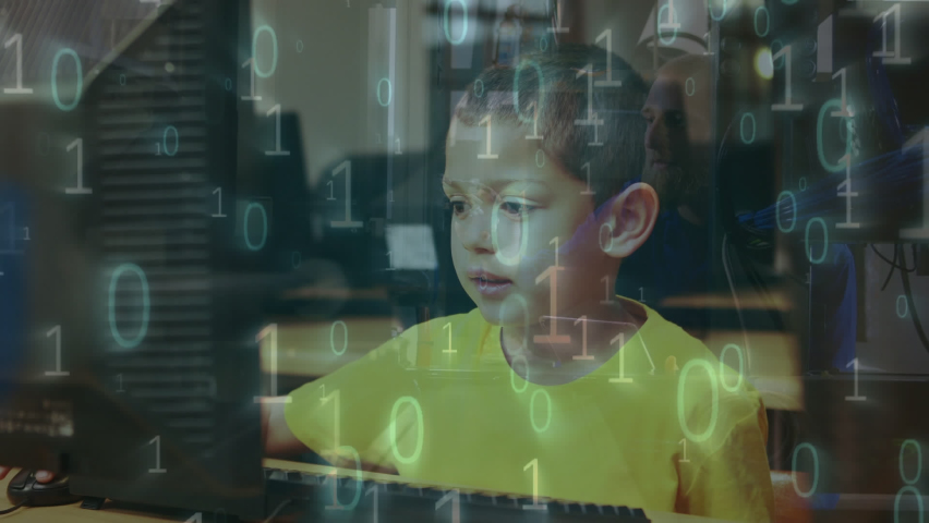 Animation of binary coding against caucasian boy using computer at school. School and education technology concept - Powered by Shutterstock - Get 15% off with code: PIKWIZARD15