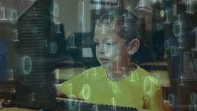 Animation of binary coding against caucasian boy using computer at school. School and education technology concept - Powered by Shutterstock - Get 15% off with code: PIKWIZARD15
