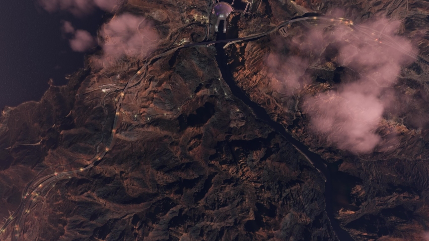 3D - Top aerial view of Hoover Dam and Lake Mead. Nevada at night. United States of America