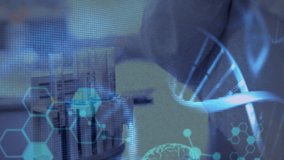 Animation of dna strand and scientific data processing over man working in laboratory. Global science, research and data processing concept digitally generated video. - Powered by Shutterstock - Get 15% off with code: PIKWIZARD15