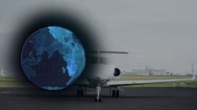 Animation of globe over private jet plane on runway at airport. Global communication, travel and digital interface concept digitally generated video. - Powered by Shutterstock - Get 15% off with code: PIKWIZARD15