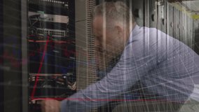 Animation of graphs and data processing over caucasian man working in computer server room. Global communication, business, data security and digital interface concept digitally generated video.