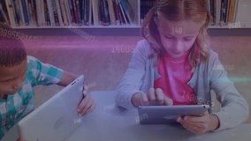 Animation of graphs and data processing over diverse schoolchildren using tablets. Global communication, education, data and digital interface concept digitally generated video.