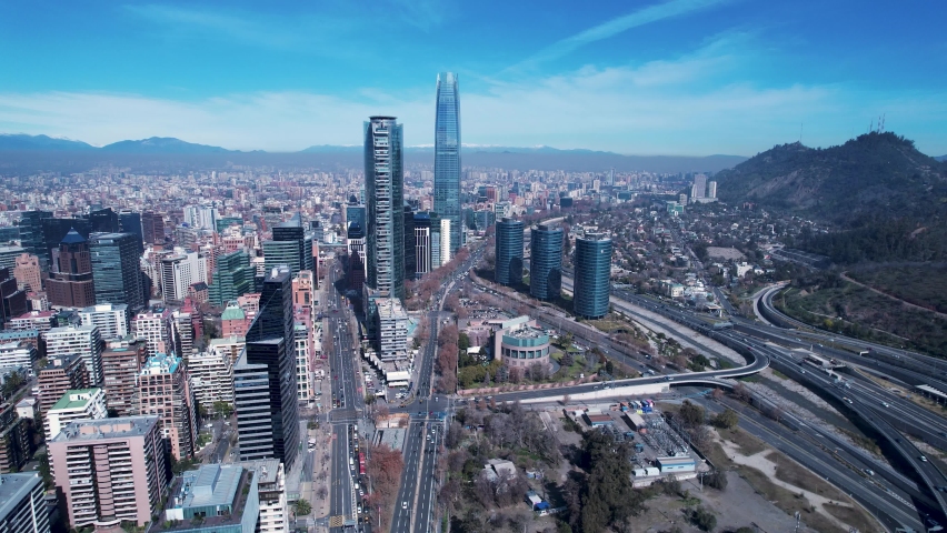 Cityscape of corporate buildings of downtown Santiago Chile, South America. Stunning landscape of town of Santiago Chile. Downtown landmark. Travel destination. Tourism travel. Santiago Chile. Royalty-Free Stock Footage #1093248291