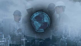 Animation of globe over diverse business people and cityscape. global business, technology and digital interface concept digitally generated video. - Powered by Shutterstock - Get 15% off with code: PIKWIZARD15