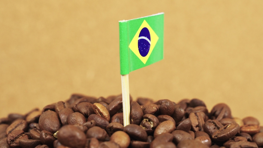 Close-up coffee beans rotate around an axis, in the middle is the flag of Brazil. Beautiful coffee seeds.