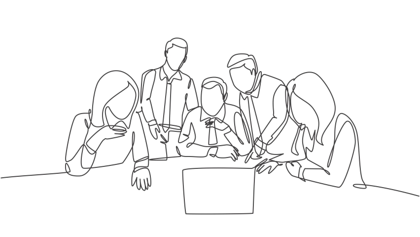 Animated self drawing of one continuous line draw team workers listening boss direction via teleconference on laptop at office. Online meeting seminar concept. Full length single line animation. | Shutterstock HD Video #1093251911