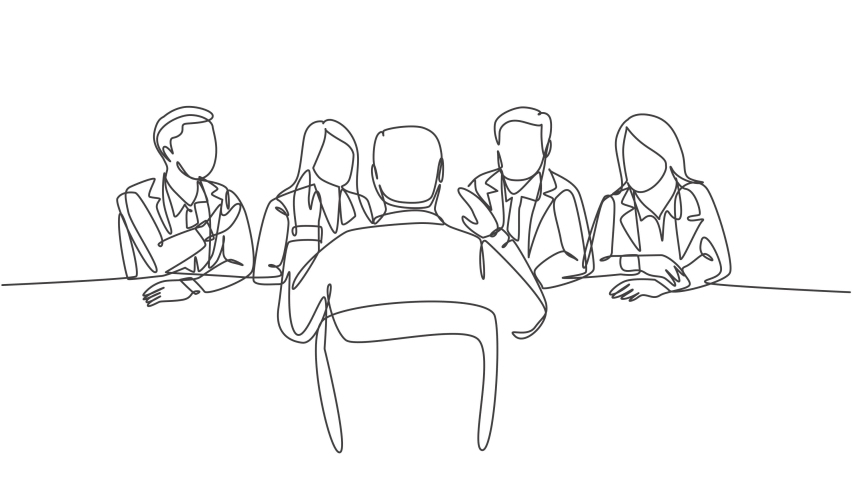 Animation of one single line drawing of interviewee being interviewed by some company managers for job vacancy. Job interview process concept. Continuous line self draw animated. Full length motion. | Shutterstock HD Video #1093251915