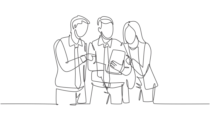 Self drawing animation of single line draw happy male female workers talking about company project together while opening document. Business meeting concept continuous line draw. Full length animated. | Shutterstock HD Video #1093251935