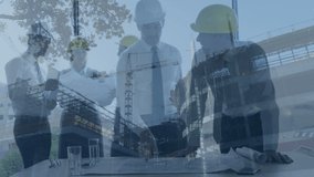 Animation of clock moving over diverse engineers with plan and construction site. business, time, network and technology concept digitally generated video. - Powered by Shutterstock - Get 15% off with code: PIKWIZARD15