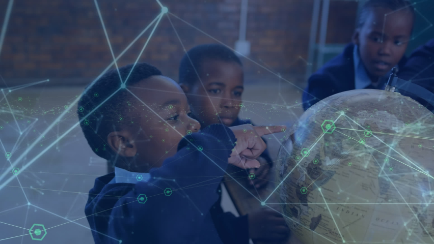Animation of network of connections with icons over african american pupils with globe at school. learning geography, education, connections and technology concept digitally generated video. | Shutterstock HD Video #1093253951