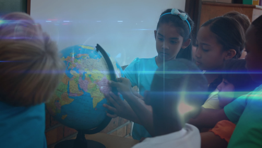 Animation of network of connections with icons over diverse pupils with globe at school. learning geography, education, connections and technology concept digitally generated video. | Shutterstock HD Video #1093254007