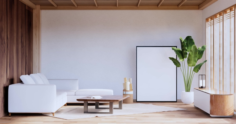 White Sofa japanese on room japan tropical desing and tatami mat floor.3D rendering