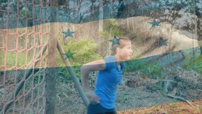 Animation of flag of honduras over caucasian woman during obstacle race training. national sports, activity and patriotism concept digitally generated video. - Powered by Shutterstock - Get 15% off with code: PIKWIZARD15