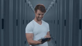 Animation of caucasian man using tablet over server room. global business and digital interface concept digitally generated video.