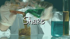 Animation of share text over caucasian female scientist and beakers with liquid. global science, social media and digital interface concept digitally generated video. - Powered by Shutterstock - Get 15% off with code: PIKWIZARD15