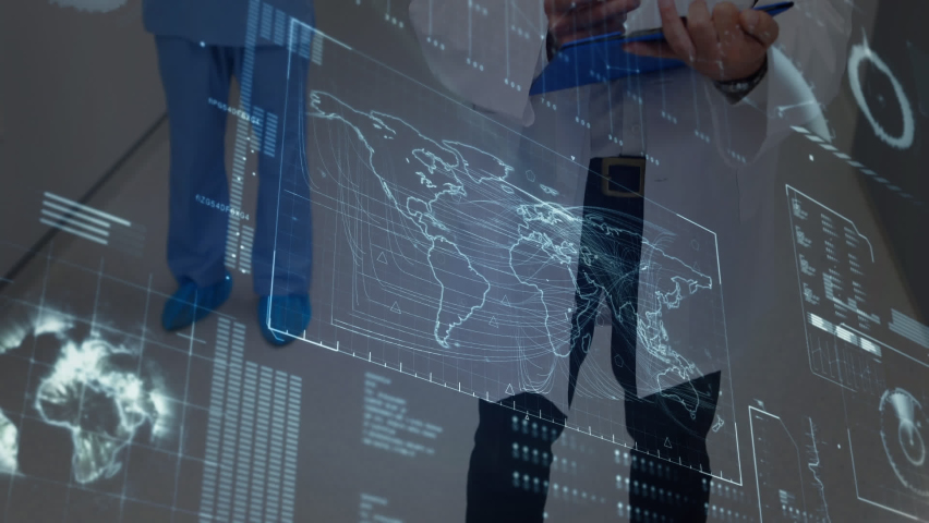 Animation of scientific data processing over caucasian male doctor using tablet. global medicine, science, research, data processing concept digitally generated video.
