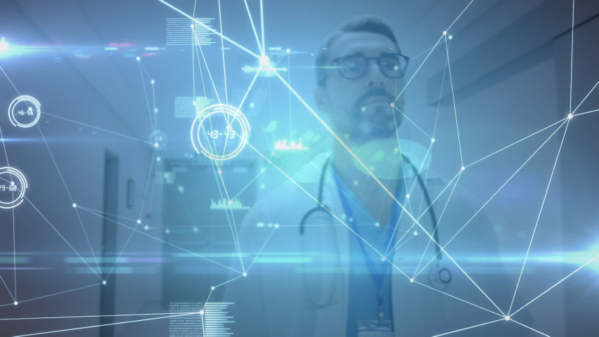 Network of connections over caucasian male doctor walking in the hospital corridor. Medical healthcare and technology concept | Shutterstock HD Video #1093268235