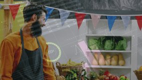 Animation of financial graphs over happy caucasian male seller in grocery shop. economy, finance, shopping and small independent business concept digitally generated video. - Powered by Shutterstock - Get 15% off with code: PIKWIZARD15