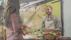 Animation of financial graphs over happy caucasian male seller and female customer in grocery shop. v - Powered by Shutterstock - Get 15% off with code: PIKWIZARD15