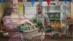 Animation of financial graphs over happy caucasian male seller and female customer in grocery shop. economy, finance, shopping and small independent business concept digitally generated video. - Powered by Shutterstock - Get 15% off with code: PIKWIZARD15