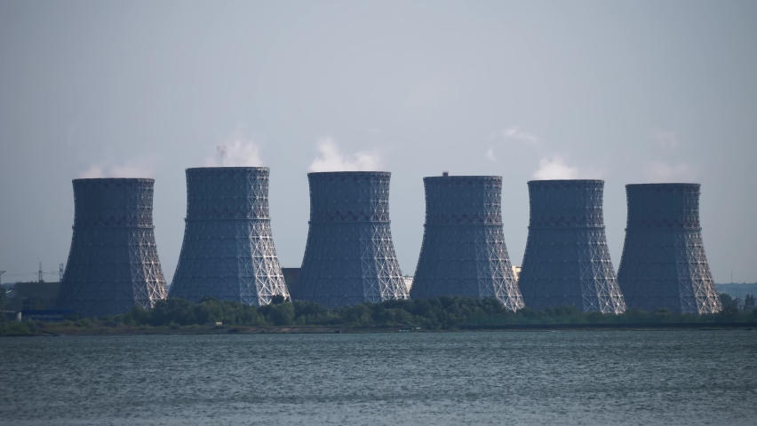 Nuclear power plant. Atomic power station cooling towers | Shutterstock HD Video #1093269265