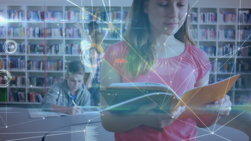 Animation of network of connections over diverse school children reading and learning at school. global connections, networks and education concept digitally generated video.