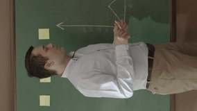 A businessman or teacher is explaining graphics to employees or students in front of a blackboard. The manager gives seminars to the employees, draws chalk charts on the blackboard, answers questions. - Powered by Shutterstock - Get 15% off with code: PIKWIZARD15