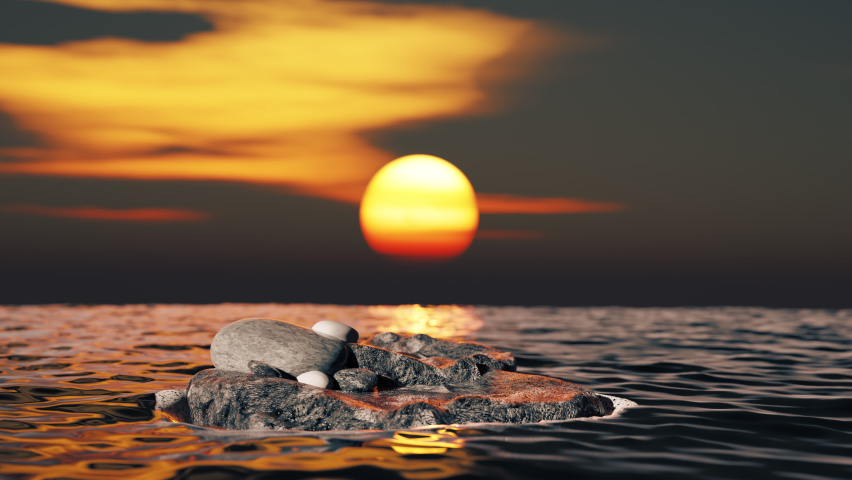 Simulation ocean scene setup with rock.3D rendering sunset scene realistic.