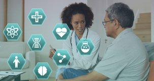 Animation of medical icons over african american female doctor with patient. Global science and digital interface concept digitally generated video.