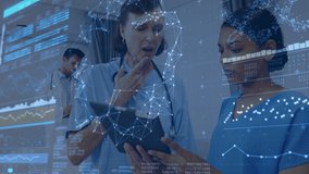 Animation of digital screen with data and connections over diverse female doctors. Health, medicine, data processing and technology concept digitally generated video.