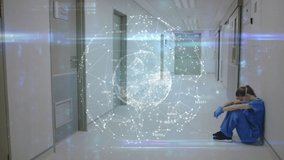 Animation of globe made of connections over tired caucasian female surgeon sitting on corridor. Health, medicine, connections and technology concept digitally generated video. - Powered by Shutterstock - Get 15% off with code: PIKWIZARD15