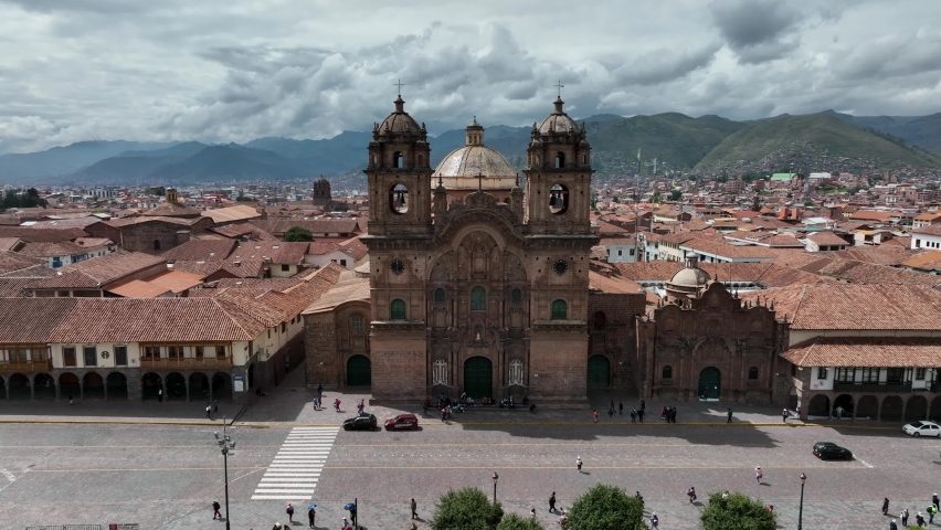 Establishing Aerial Fly Drone View of Cusco, Peru with chatedral and main square. High resolution 4k footage | Shutterstock HD Video #1093291077