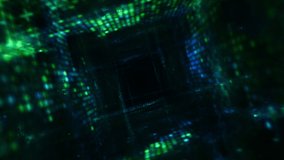 Futuristic dark green and blue abstract illuminated square cube tunnel loop background. Cyberspace arcade and blockchain technology 4K 3D animation corridor for club visuals and technology showcase.