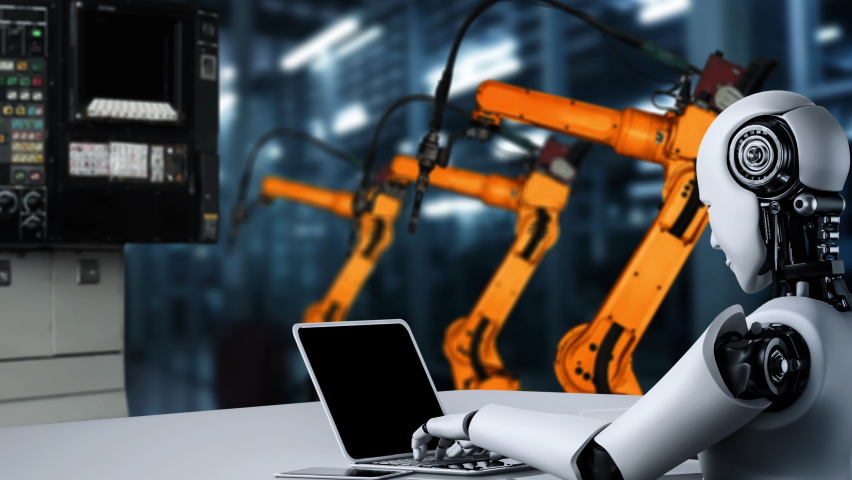 Cybernated industry robot and robotic arms for assembly in factory production . Concept of artificial intelligence for industrial revolution and automation manufacturing process .