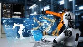 Cybernated industry robot and robotic arms for assembly in factory production . Concept of artificial intelligence for industrial revolution and automation manufacturing process . - Powered by Shutterstock - Get 15% off with code: PIKWIZARD15