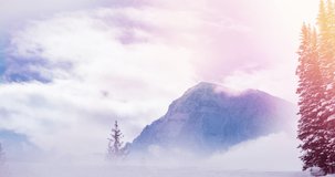 Animation of snow falling over landscape. International mountain day and celebration concept digitally generated video.