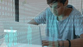 Binary coding data processing against caucasian boy using laptop in class at school. School, education and technology concept - Powered by Shutterstock - Get 15% off with code: PIKWIZARD15