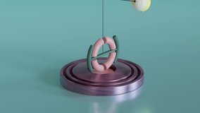 A satisfying loopable 3d render animation of pendulum swinging, metallic, pink, yeallow and green colors, 4k animation